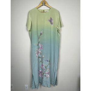 Carol Patterson 100% Silk Dress XL Vintage Cottagecore Coastal Grandma Side Slit